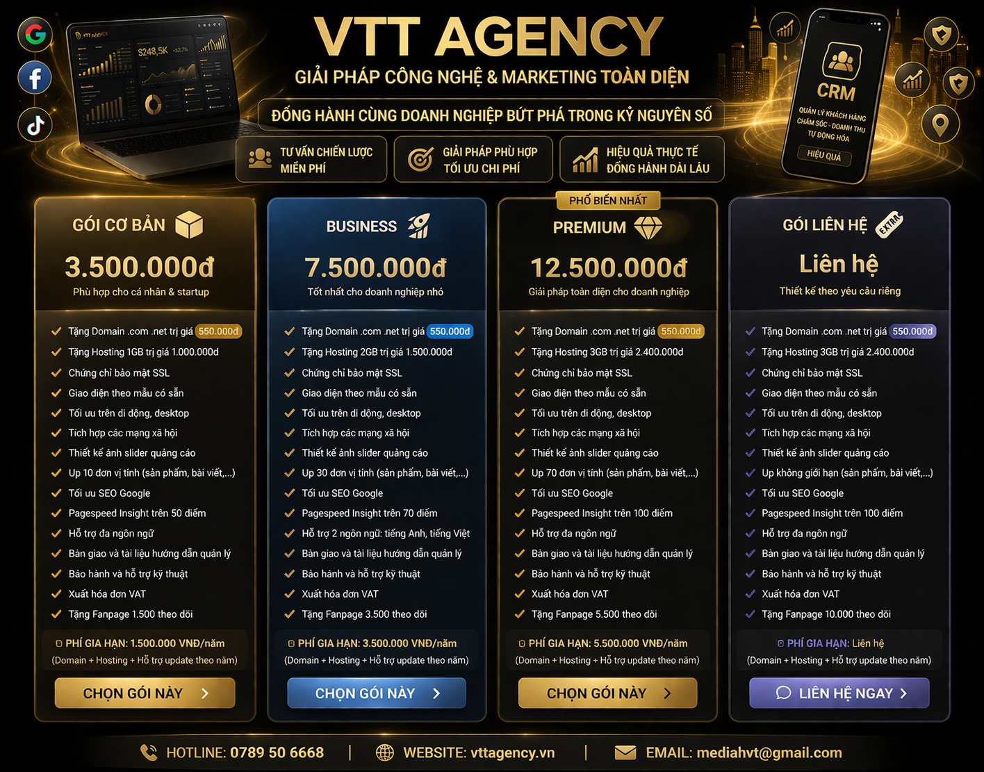 Bảng giá thiết kế website VTT AGENCY